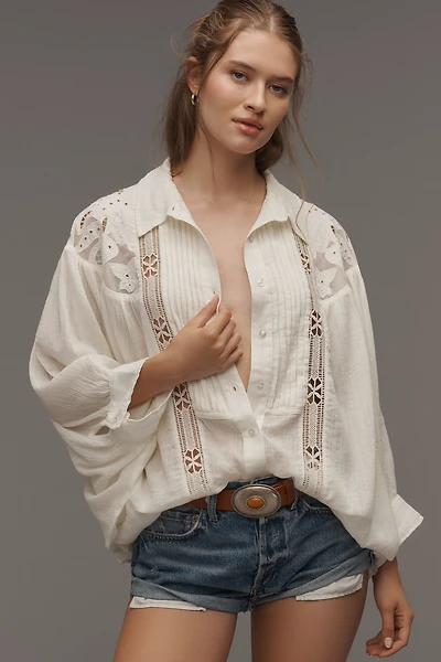 By Anthropologie Long-Sleeve Appliqué Batwing Blouse