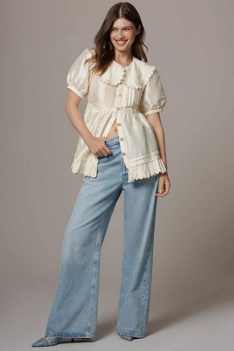 Maeve Puff-Sleeve Collared Babydoll Blouse