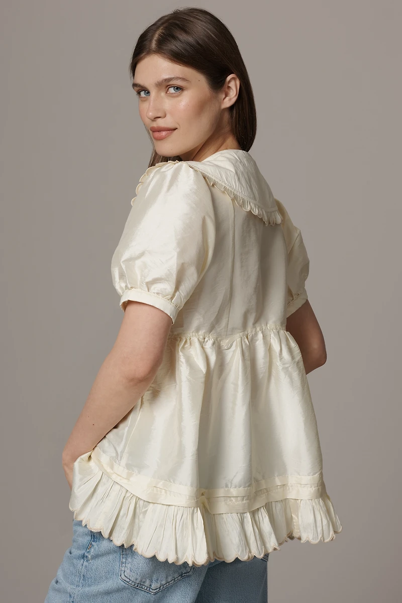 Maeve Puff-Sleeve Collared Babydoll Blouse