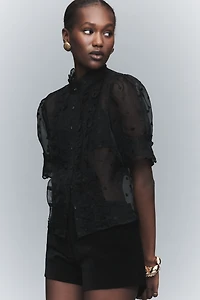 Maeve Puff-Sleeve Sheer Ruffle Blouse