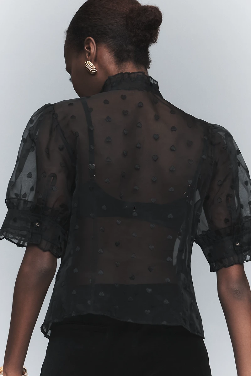 Maeve Puff-Sleeve Sheer Ruffle Blouse