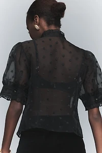 Maeve Puff-Sleeve Sheer Ruffle Blouse