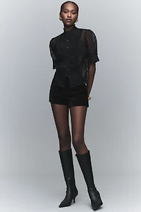 Maeve Puff-Sleeve Sheer Ruffle Blouse