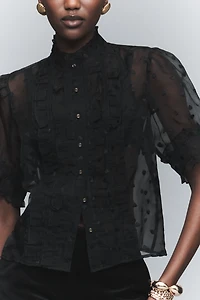 Maeve Puff-Sleeve Sheer Ruffle Blouse