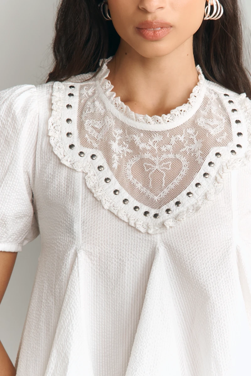 Maeve Puff-Sleeve Studded Placket Blouse