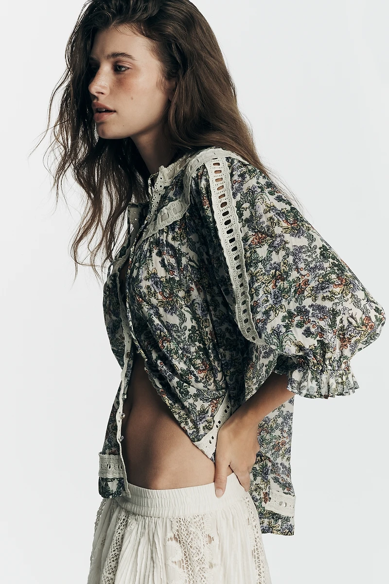 By Anthropologie Half-Sleeve Eyelet Swing Top