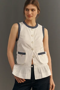 Maeve Contrast-Trim Peplum Buttondown Top
