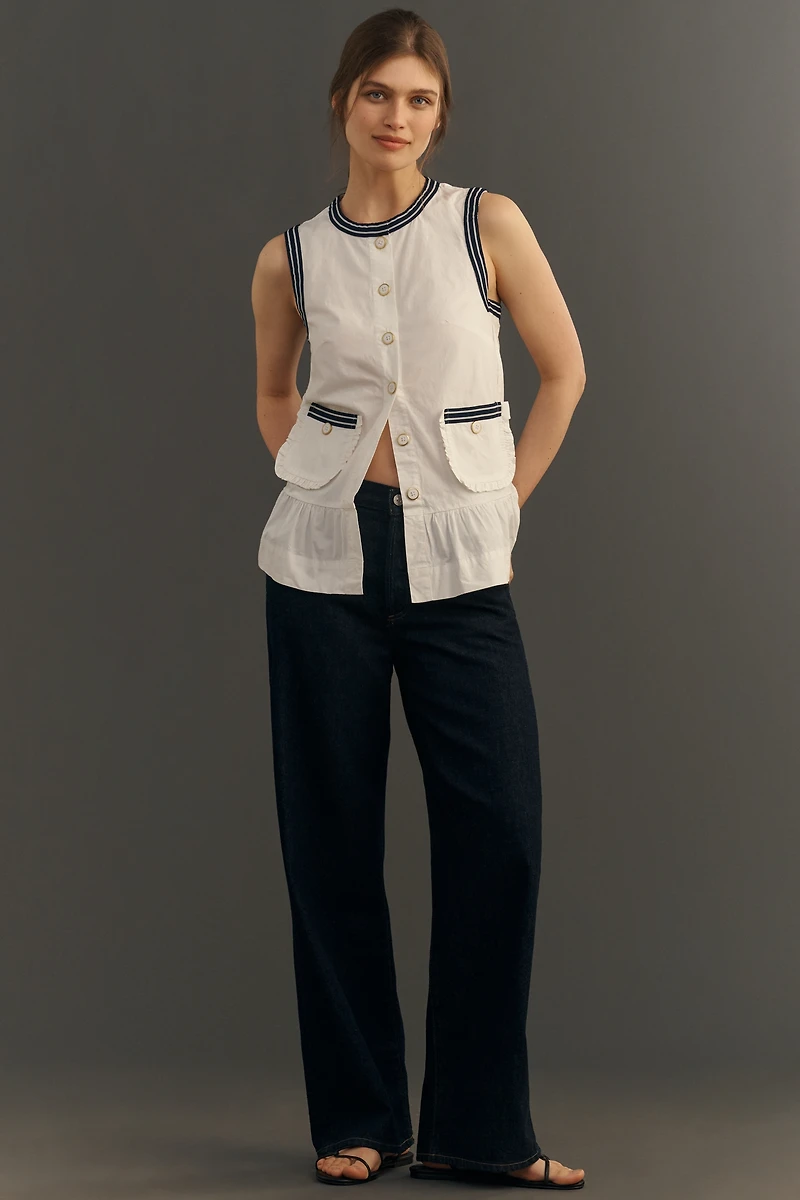 Maeve Contrast-Trim Peplum Buttondown Top