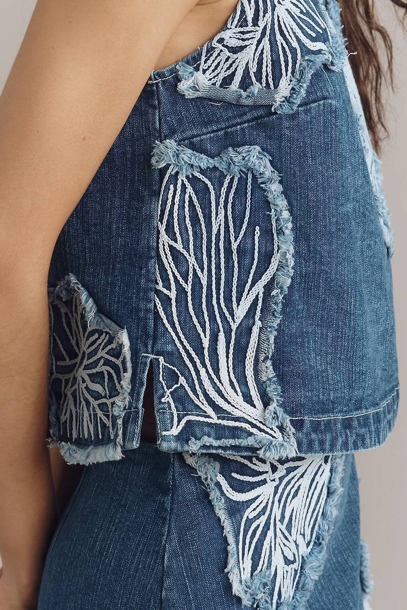 Maeve Sleeveless Floral Cutout Denim Blouse