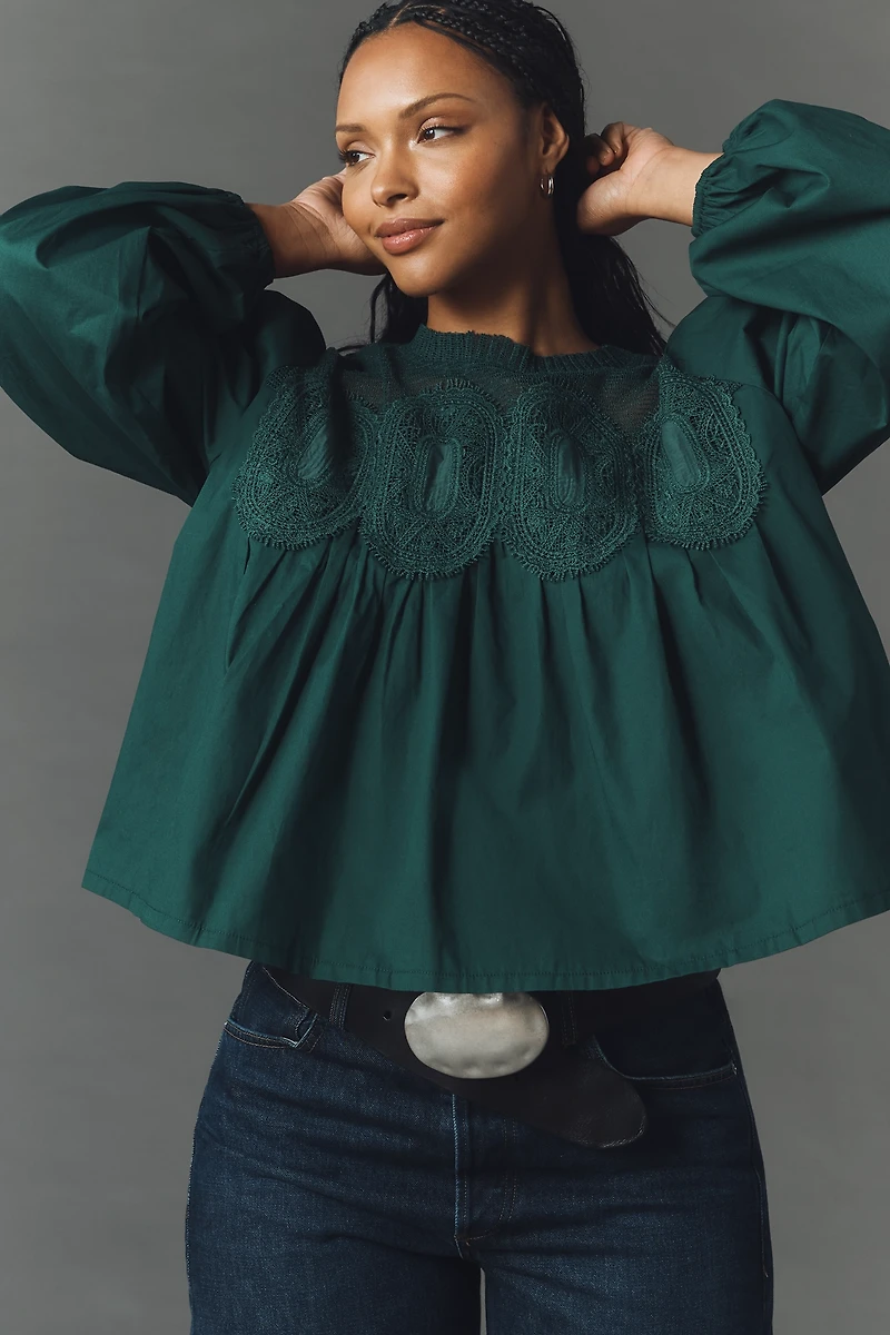 The Iris Long-Sleeve Lace Poplin Blouse by En Elly