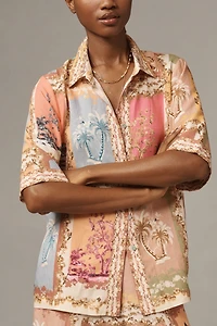 Ranna Gill Tropical Print Linen Collared Blouse