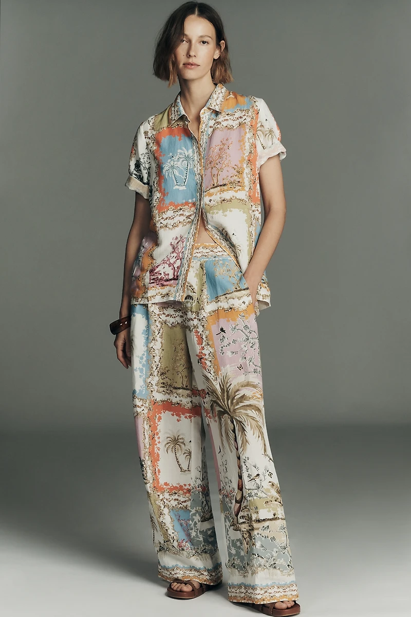 Ranna Gill Tropical Print Linen Collared Blouse