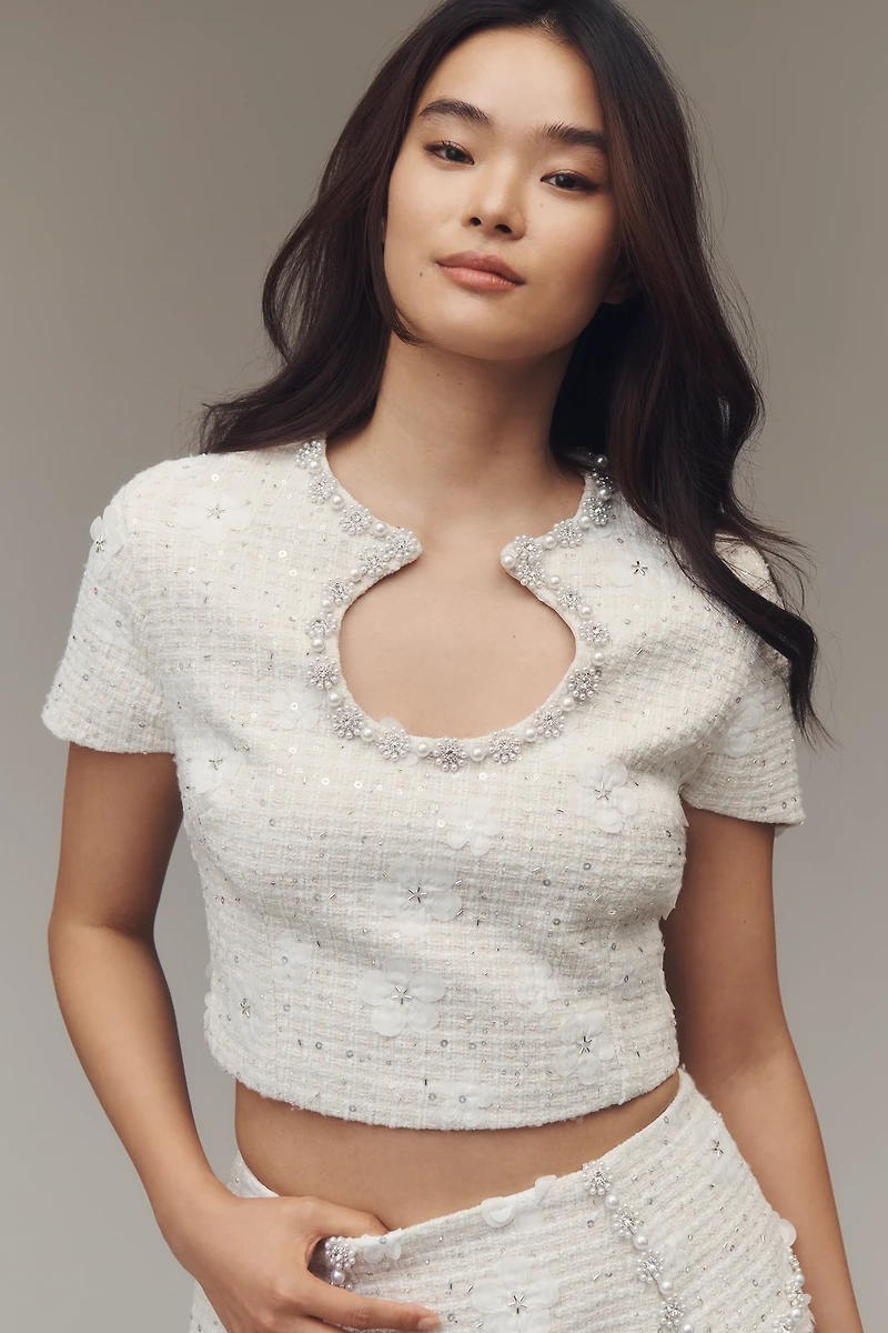 Elliatt Ellouise Short-Sleeve Keyhole Tweed Crop Top