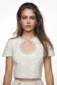 Elliatt Ellouise Short-Sleeve Keyhole Tweed Crop Top