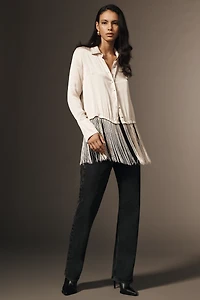 By Anthropologie Silky Fringed Buttondown Blouse
