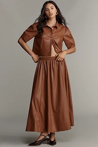 Maeve Lantern-Sleeve Faux-Leather Blouse