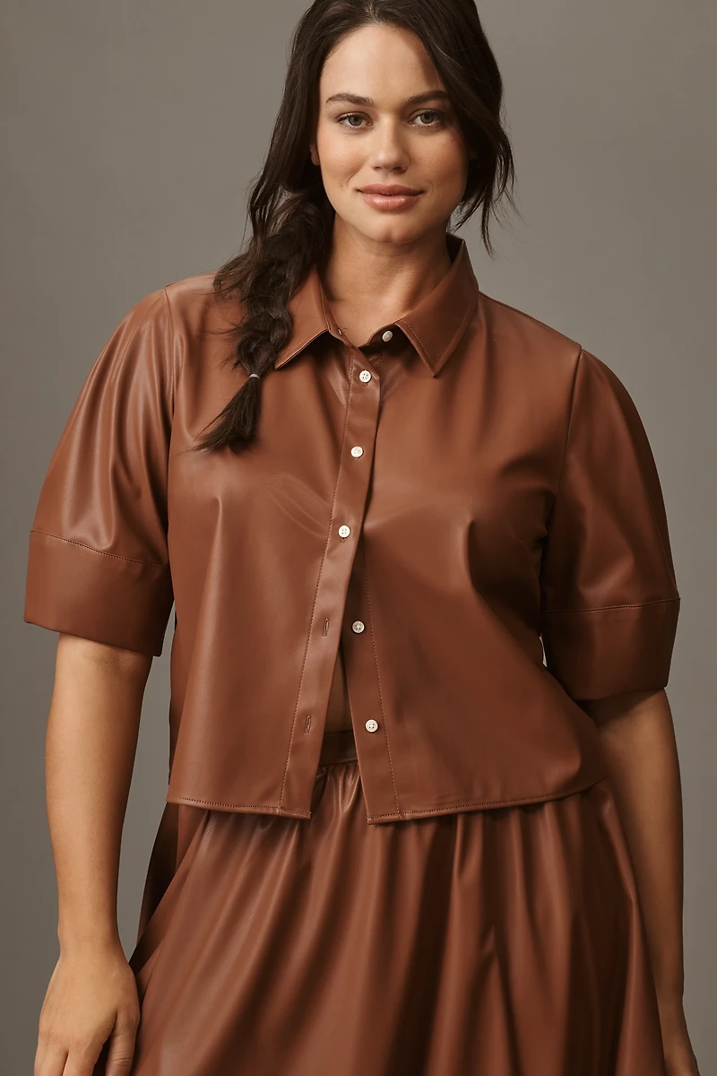 Maeve Lantern-Sleeve Faux-Leather Blouse