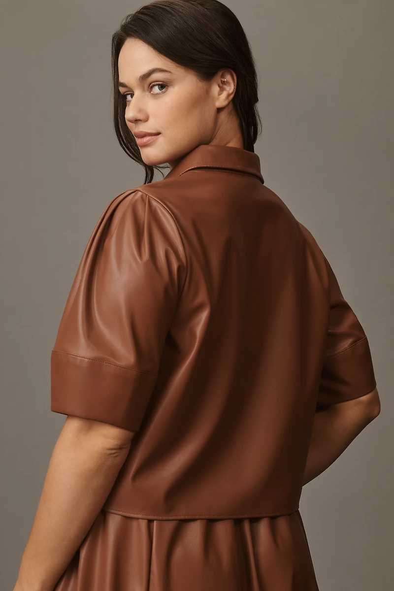 Maeve Lantern-Sleeve Faux-Leather Blouse