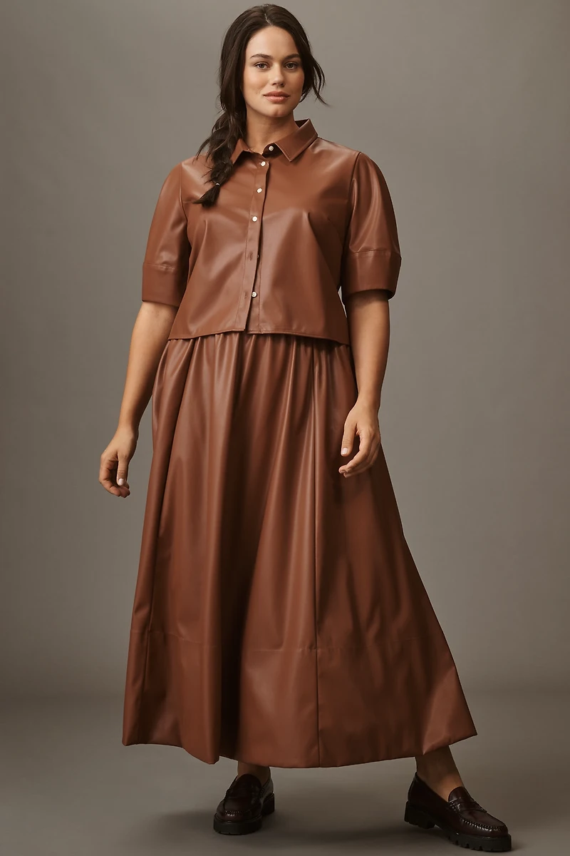 Maeve Lantern-Sleeve Faux-Leather Blouse
