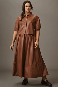 Maeve Lantern-Sleeve Faux-Leather Blouse