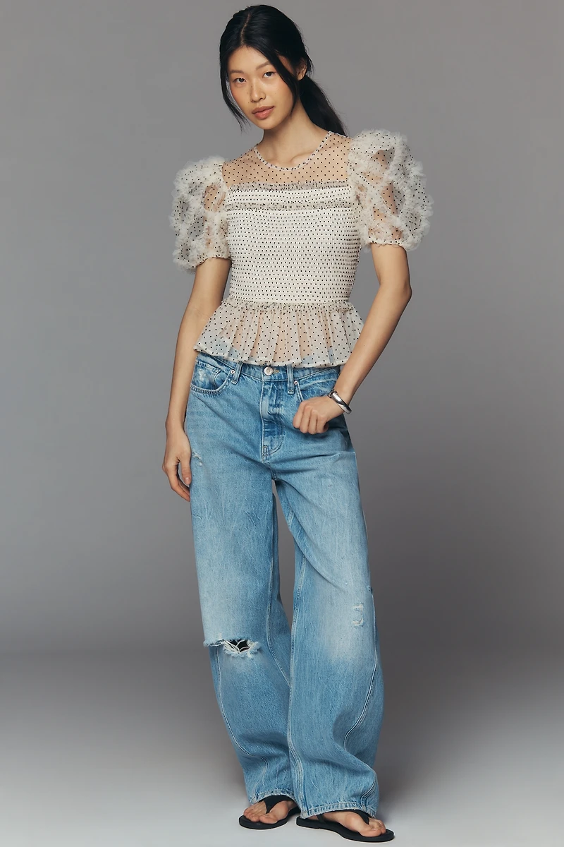 English Factory Sheer Puff-Sleeve Top