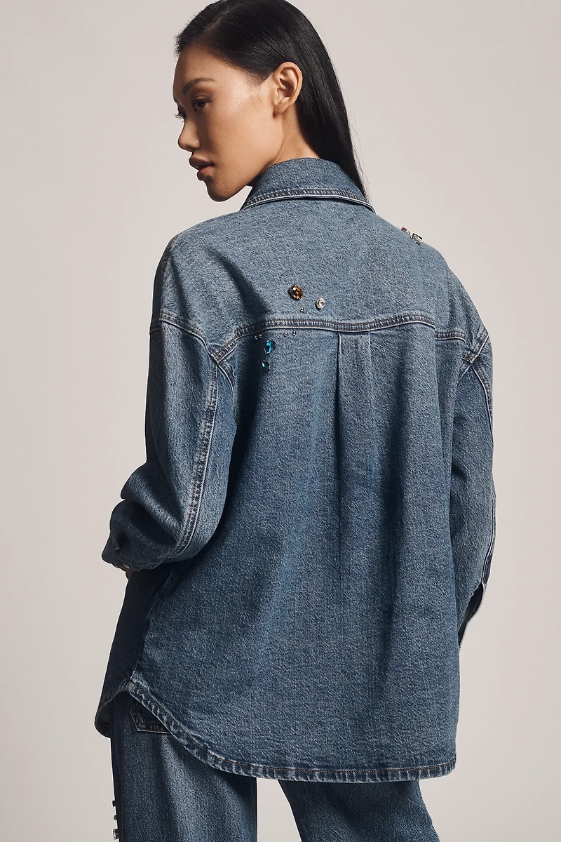 Avec Les Filles Oversized Bejeweled Denim Buttondown Shirt
