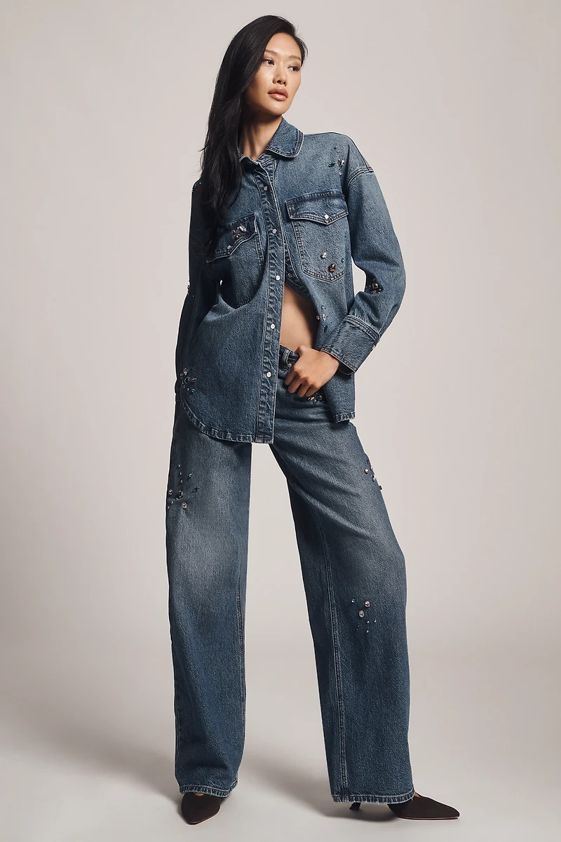 Avec Les Filles Oversized Bejeweled Denim Buttondown Shirt