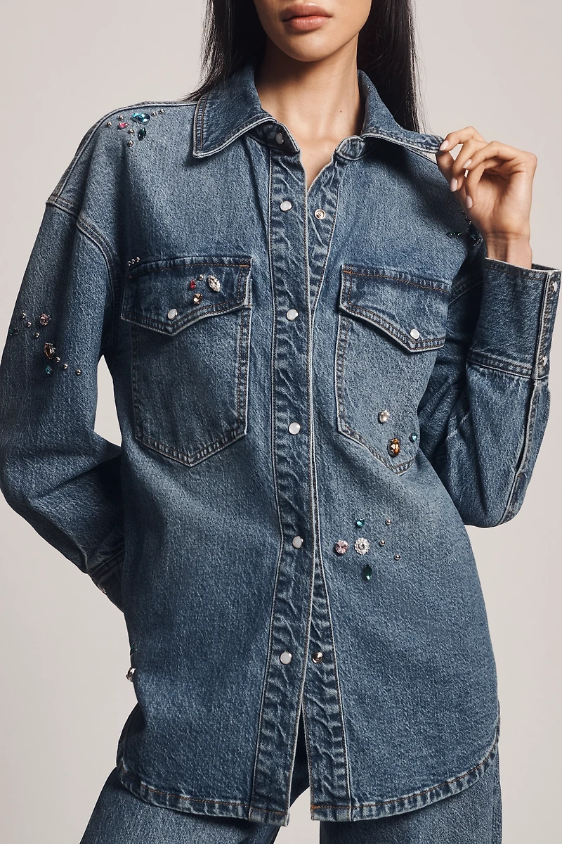 Avec Les Filles Oversized Bejeweled Denim Buttondown Shirt
