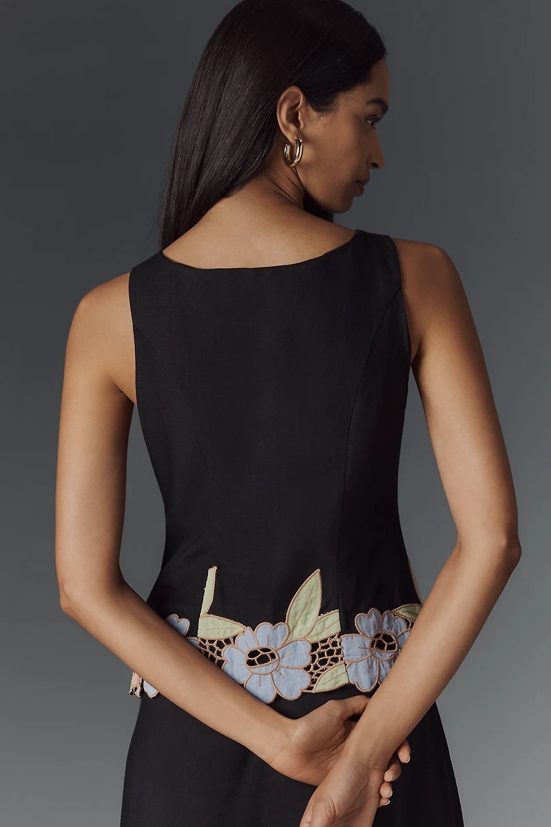 RIXO Lucca Linen Blend Cutwork Floral Sleeveless Top