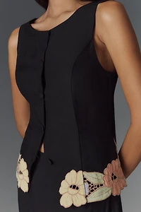 RIXO Lucca Linen Blend Cutwork Floral Sleeveless Top