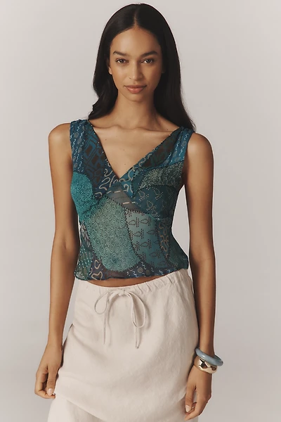 RIXO Nandi Hand-Beaded V-Neck Tank Top