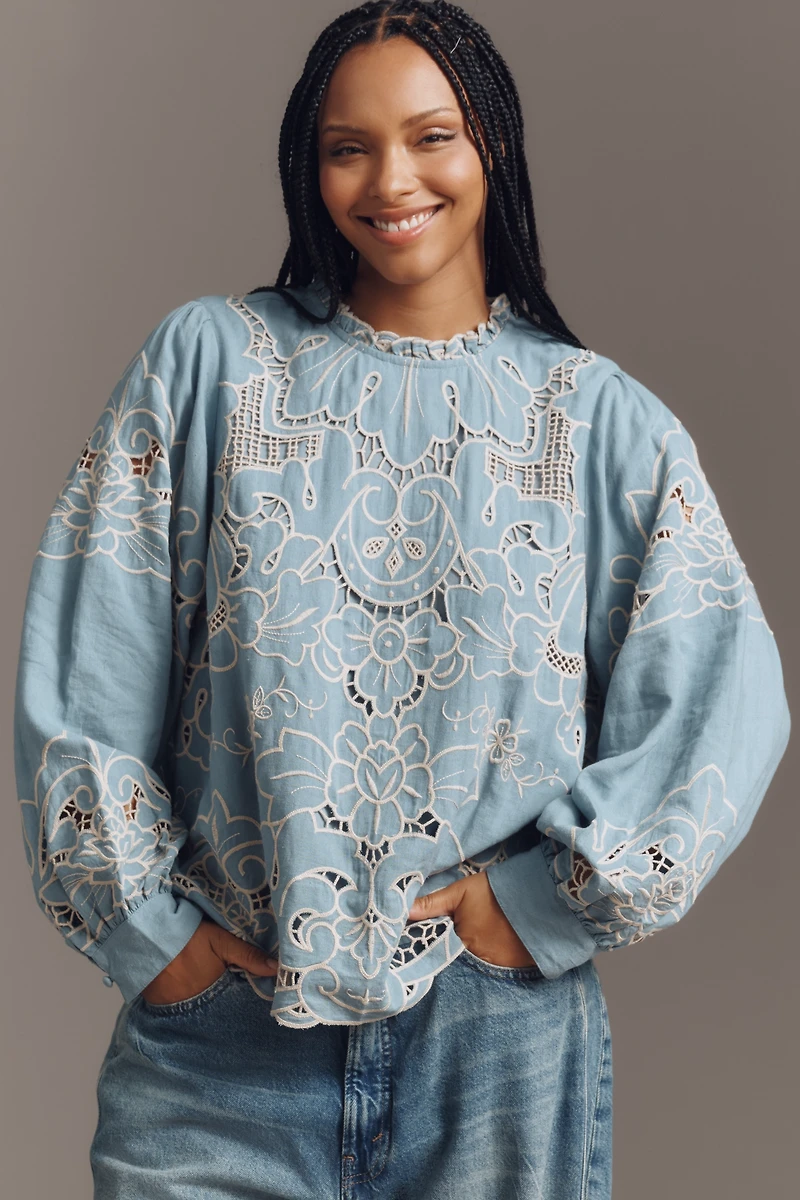 The Lainie Long-Sleeve Lace Cutwork Blouse
