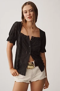 By Anthropologie Puff-Sleeve Eyelet Top
