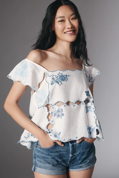 By Anthropologie Linen Blend Flutter-Sleeve Embroidered Cutout Top