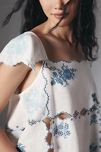 By Anthropologie Linen Blend Flutter-Sleeve Embroidered Cutout Top