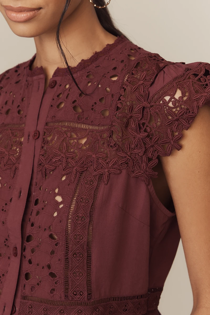 By Anthropologie Sleeveless High-Neck Lace-Inset Blouse