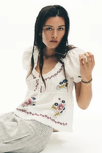 By Anthropologie Puff-Sleeve Embroidered Babydoll Top