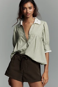 By Anthropologie Long-Sleeve Collared Babydoll Top