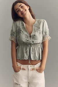 By Anthropologie Embroidered V-Neck Peplum Blouse