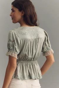 By Anthropologie Embroidered V-Neck Peplum Blouse