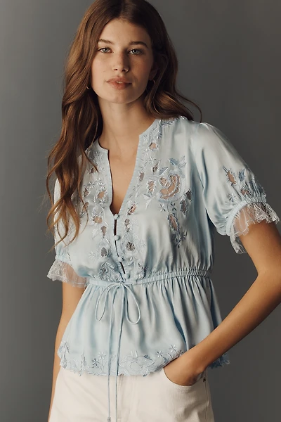 By Anthropologie Embroidered V-Neck Peplum Blouse