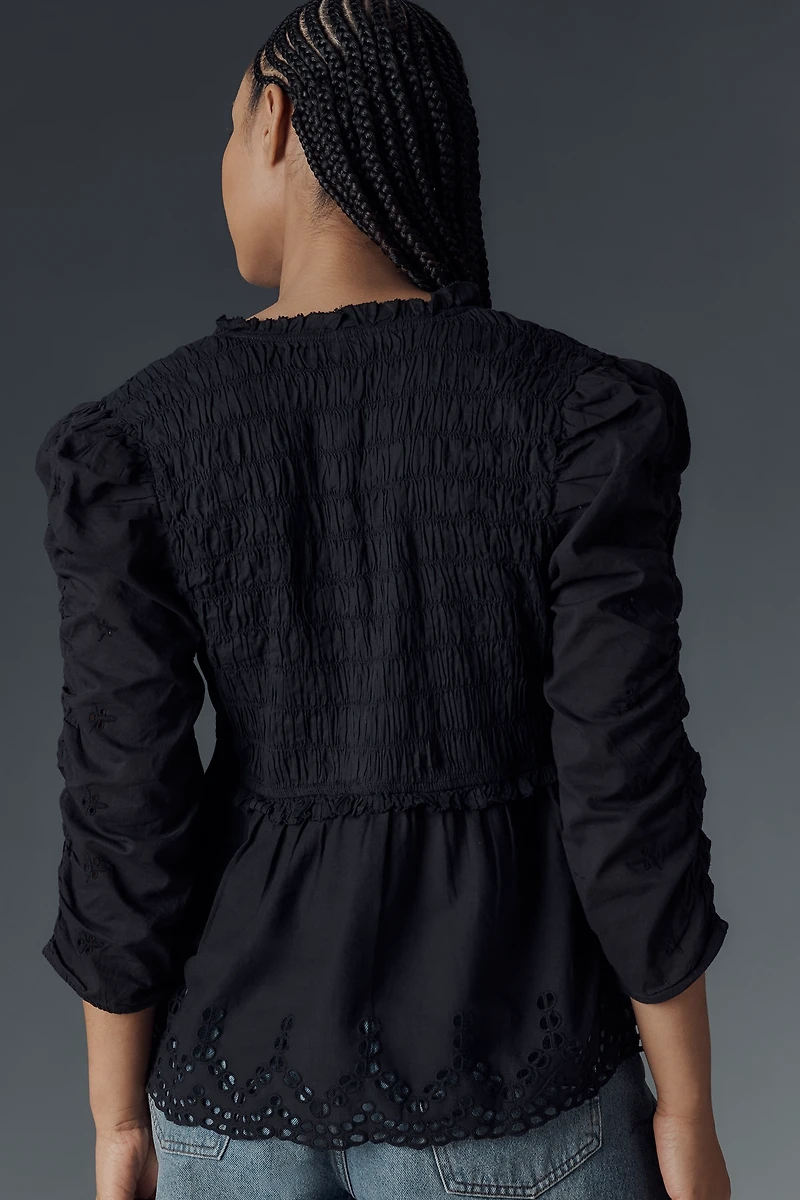 By Anthropologie Ruched-Sleeve Smocked Blouse