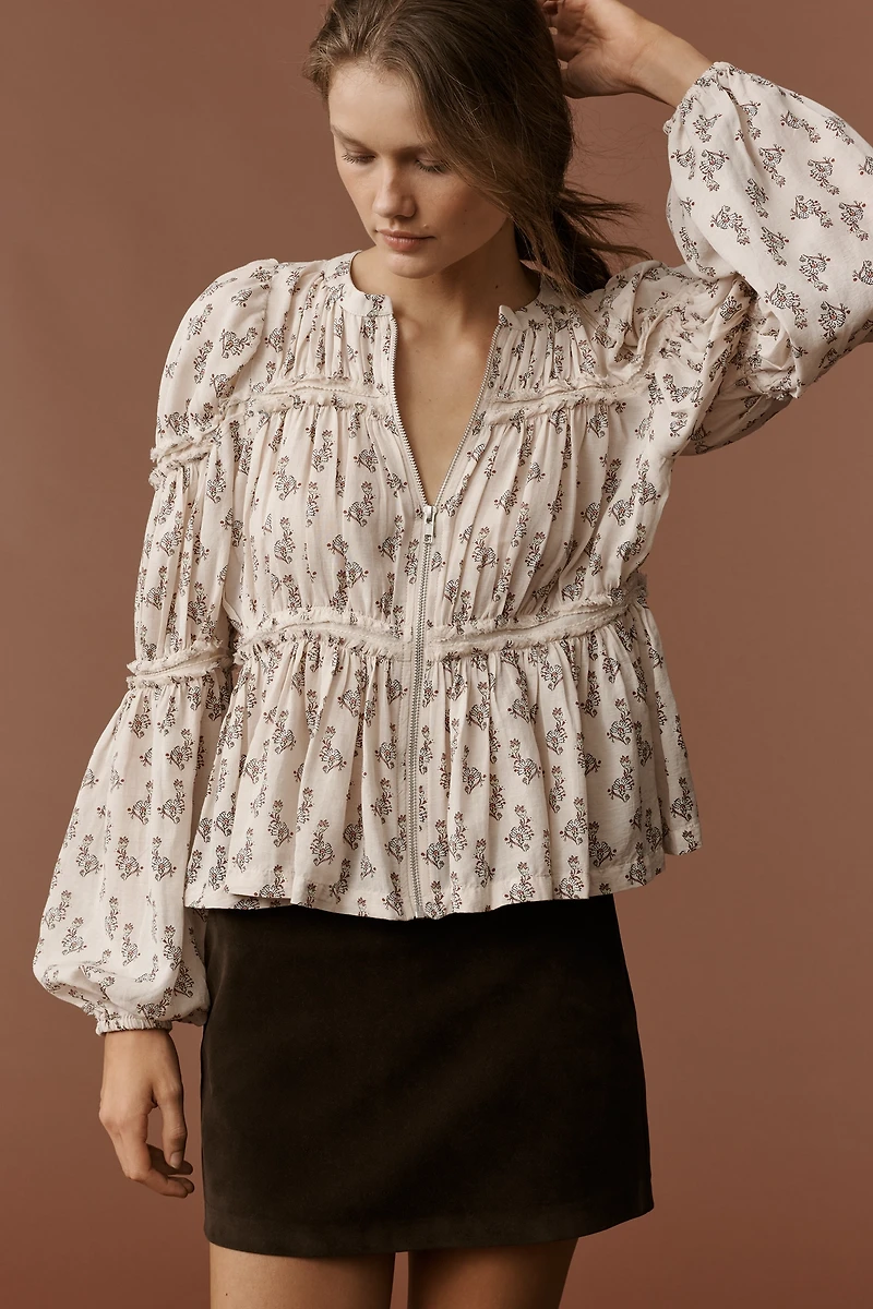 By Anthropologie Long-Sleeve Puffy Zip-Front Blouse