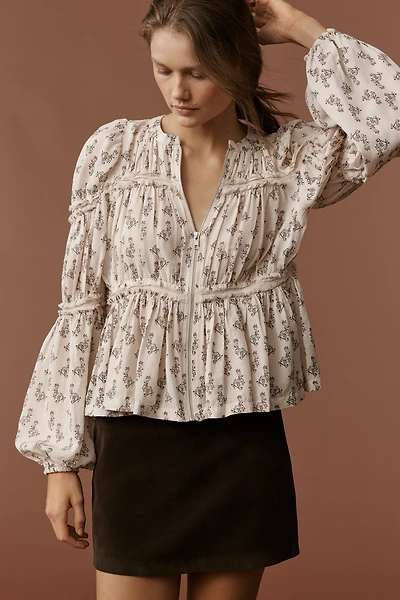 By Anthropologie Long-Sleeve Puffy Zip-Front Blouse