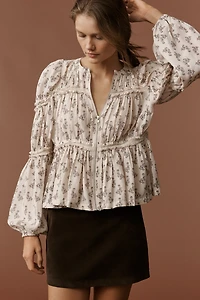 By Anthropologie Long-Sleeve Puffy Zip-Front Blouse