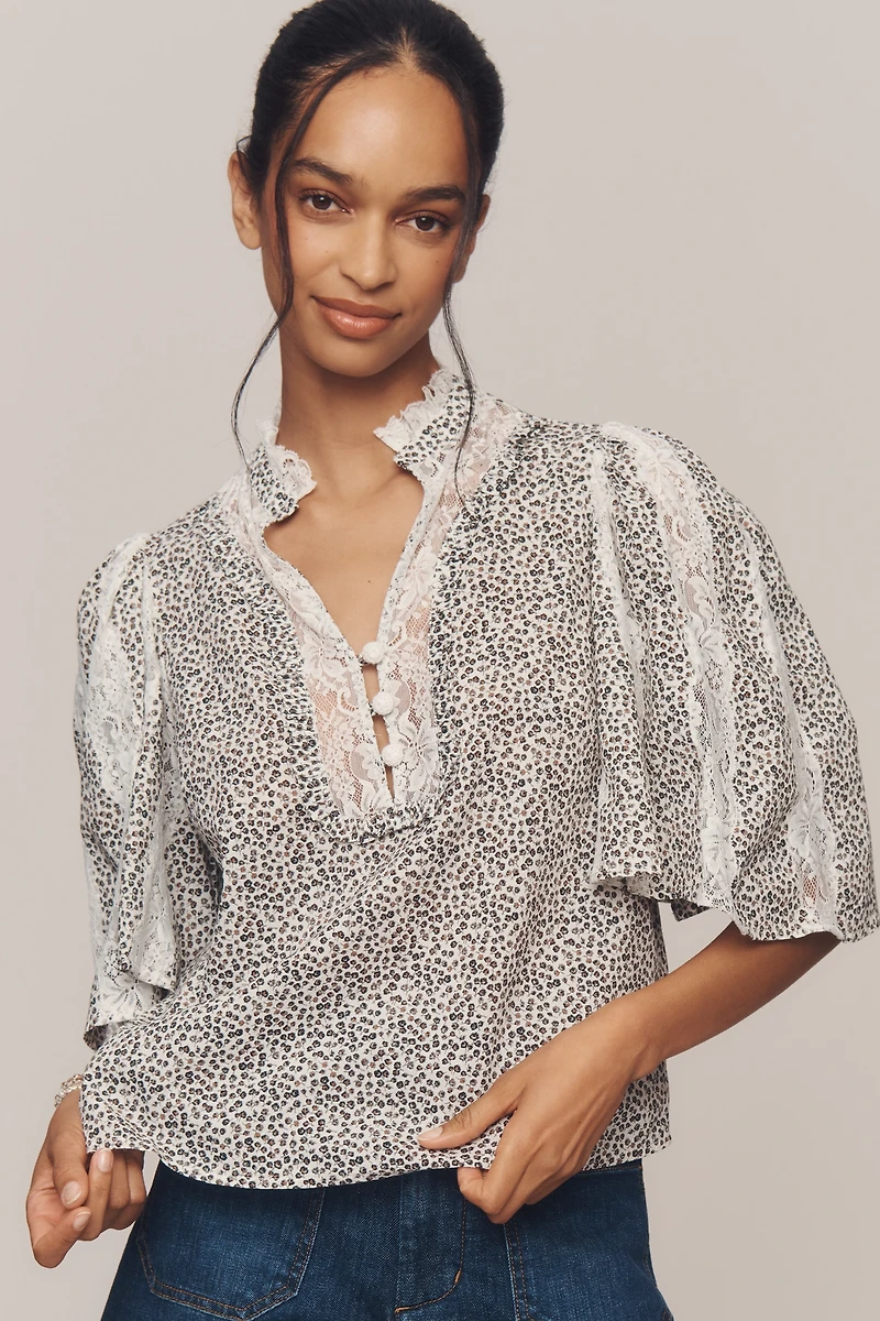 By Anthropologie Cape-Sleeve Lace-Trim Blouse