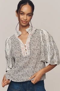 By Anthropologie Cape-Sleeve Lace-Trim Blouse