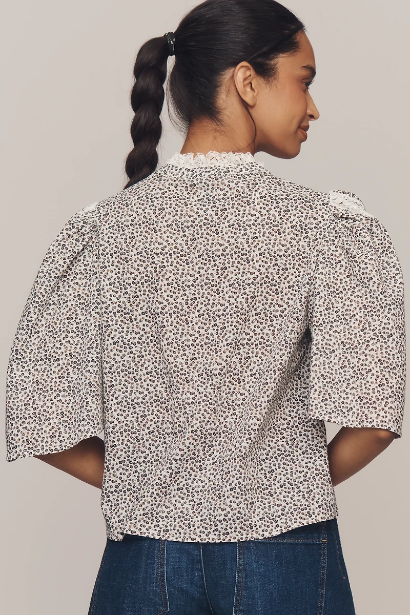 By Anthropologie Cape-Sleeve Lace-Trim Blouse