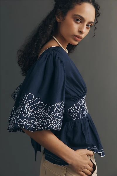 Maeve Embroidered Linen Blend Puff-Sleeve Top