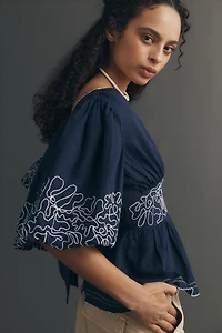 Maeve Embroidered Linen Blend Puff-Sleeve Top